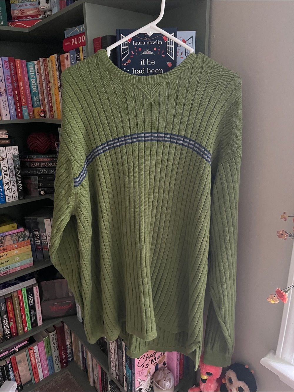 Arrow Olive Crewneck Sweater with Navy Chest Stripe